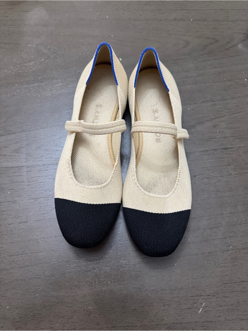 Rothy's Beige and Black Knit Mary Jane Flats with Blue Trim